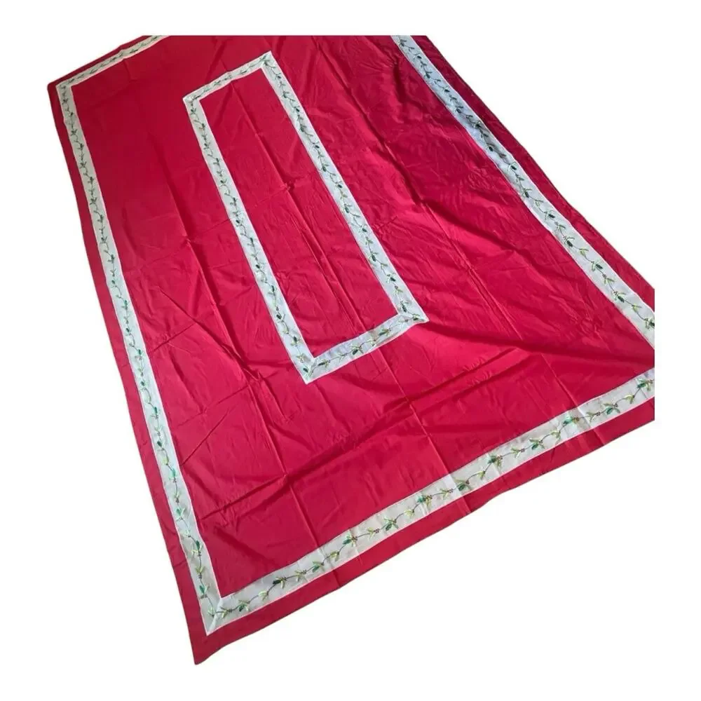 Holiday At Home Tablecloth 60x102” Oblong Red w/White chiffon trim & embroidery